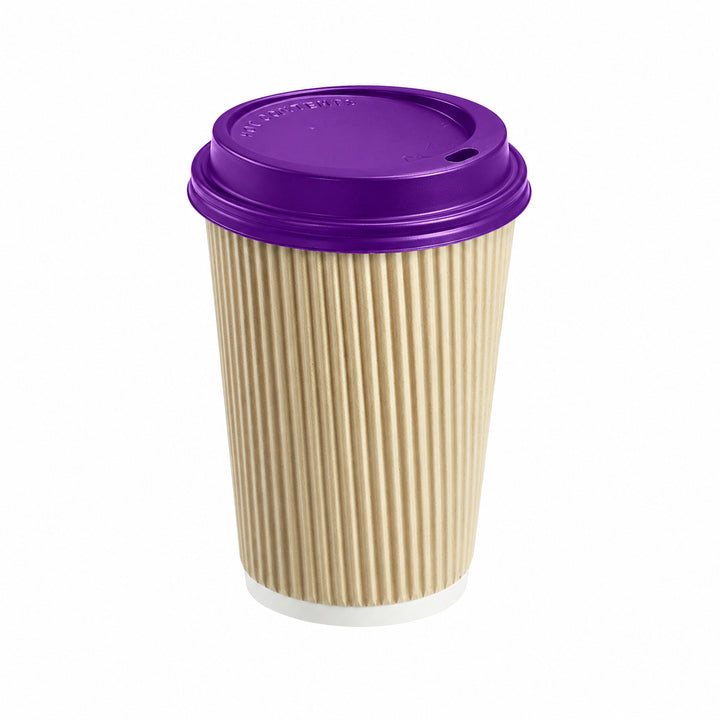 16oz - 90⌀ Kraft Ripple Wall Hot Cup & Purple Cup Lids (1 x 1,000)