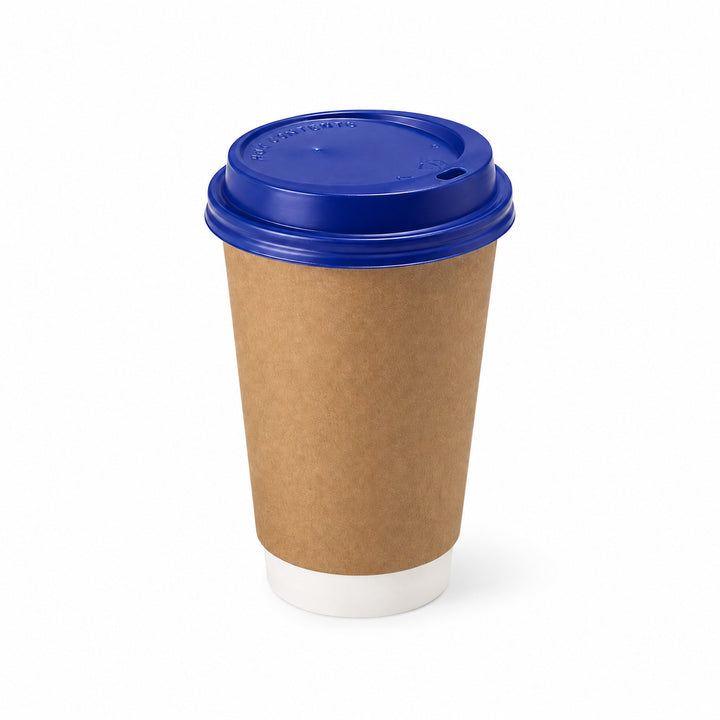 12oz - 90⌀ Brown Kraft Double Wall Hot Cup & Blue Cup Lids (1 x 1,000)