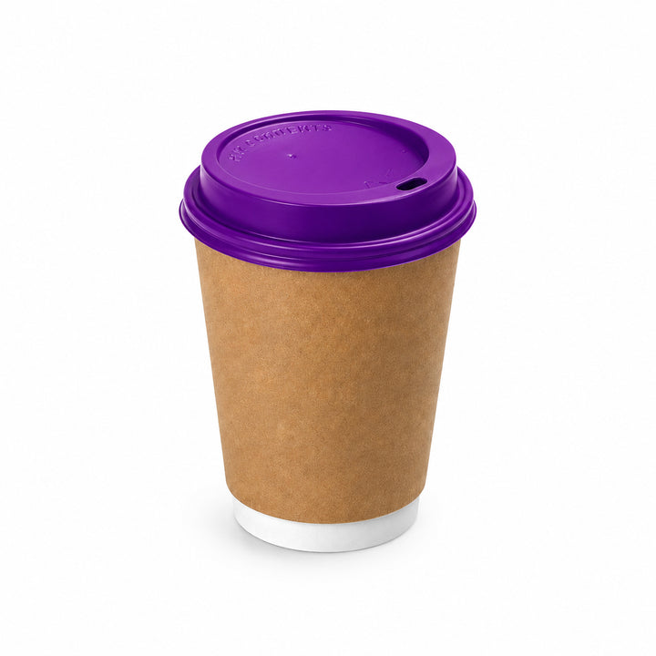 16oz - 90⌀ Brown Kraft Double Wall Hot Cup & Purple Cup Lids (1 x 1,000)