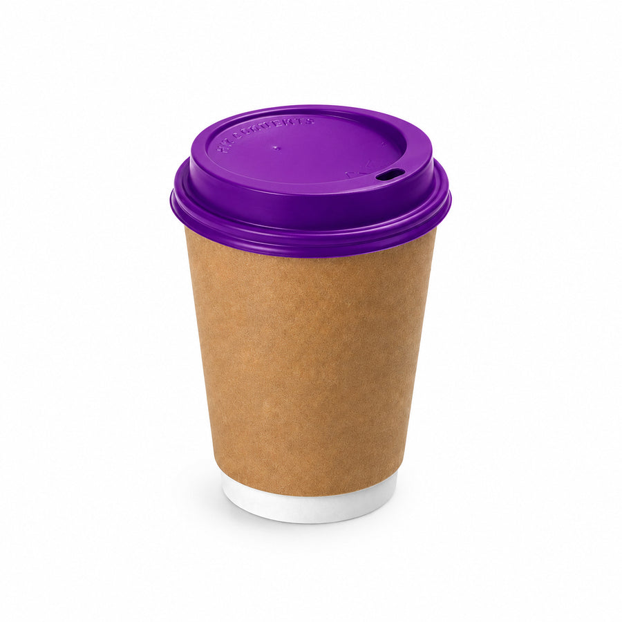 16oz - 90⌀ Brown Kraft Double Wall Hot Cup & Purple Cup Lids (1 x 1,000)