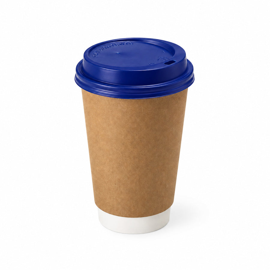 16oz - 90⌀ Brown Kraft Double Wall Hot Cup & Blue Cup Lids (1 x 1,000)