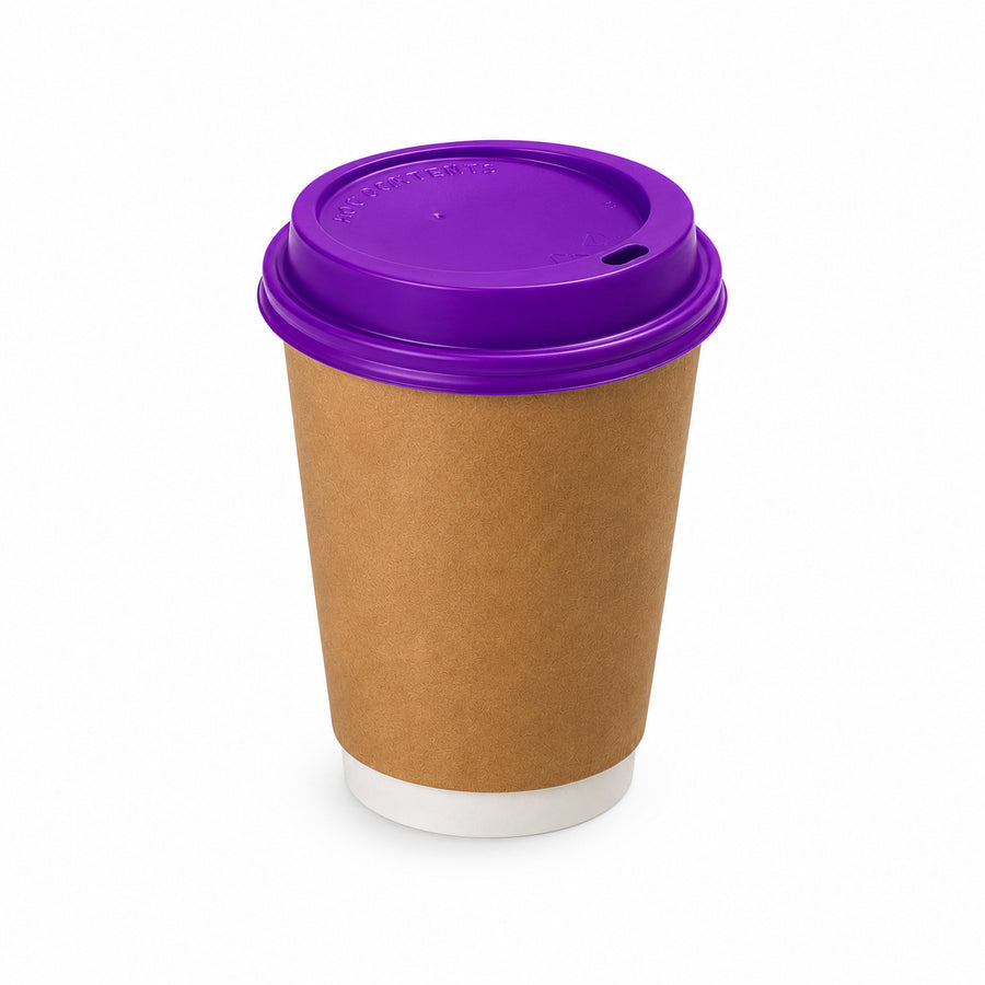 12oz - 90⌀ Brown Kraft Double Wall Hot Cup & Purple Cup Lids (1 x 1,000)