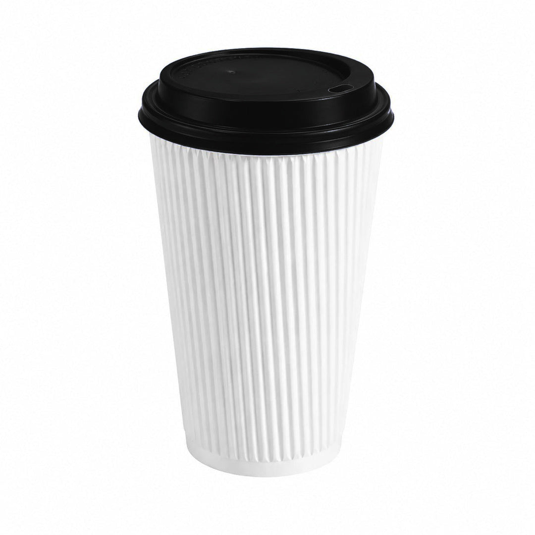 16oz - 90mm Diameter White Ripple Wall Hot Cup &amp; Black Sip Thru Lids (1 x 1,000)