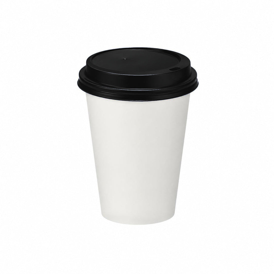 12oz - 90mm Diameter White Paper Single Wall Hot Cup &amp; Black Sip Thru Lids (1 x 1,000)