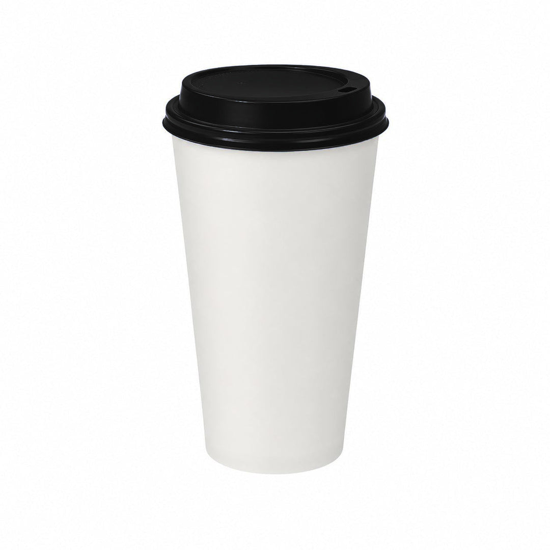16oz - 90mm Diameter White Paper Single Wall Hot Cup &amp; Black Sip Thru Lids (1 x 1,000)