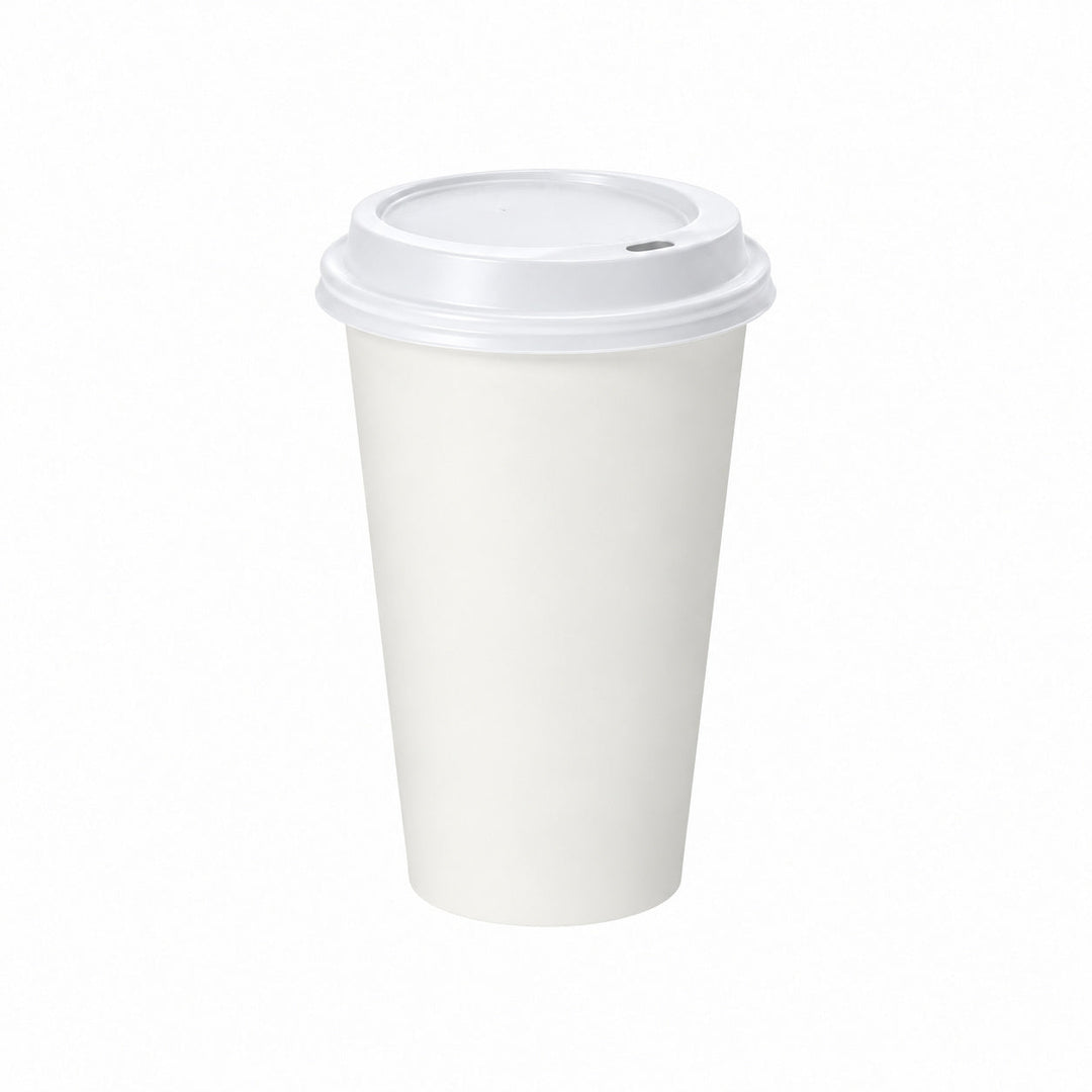 16oz - 90mm Diameter White Paper Single Wall Hot Cup &amp; White Sip Thru Lids (1 x 1,000)