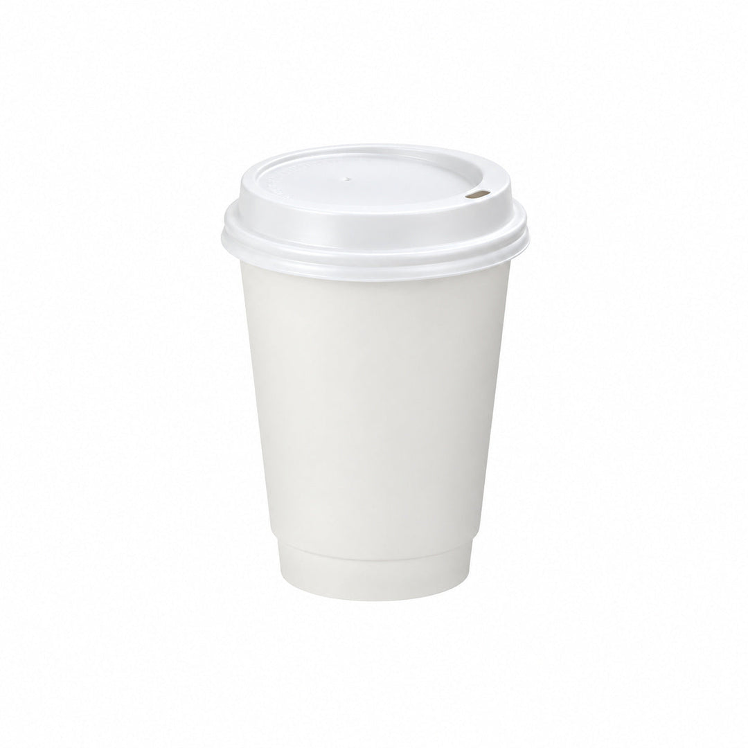 12oz - 90mm Diameter White Paper Double Wall Hot Cup &amp; White Sip Thru Lids (1 x 1,000)