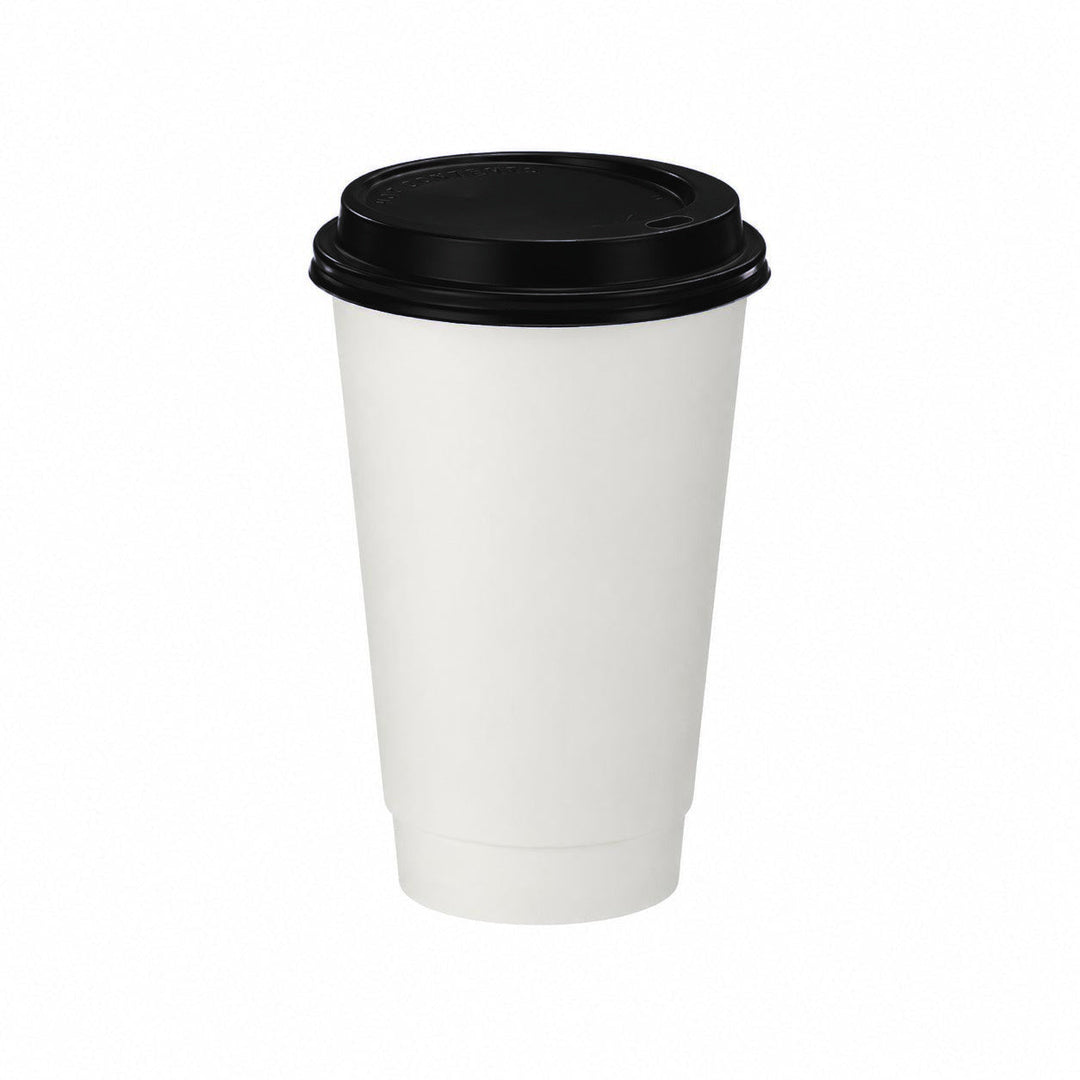 16oz - 90mm Diameter White Paper Double Wall Hot Cup &amp; Black Sip Thru Lids (1 x 1,000)