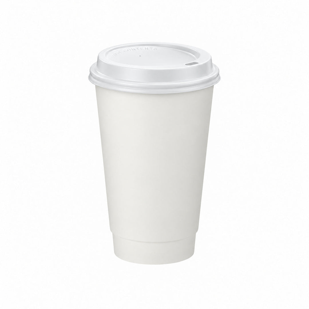 16oz - 90mm Diameter White Paper Double Wall Hot Cup &amp; White Sip Thru Lids (1 x 1,000)