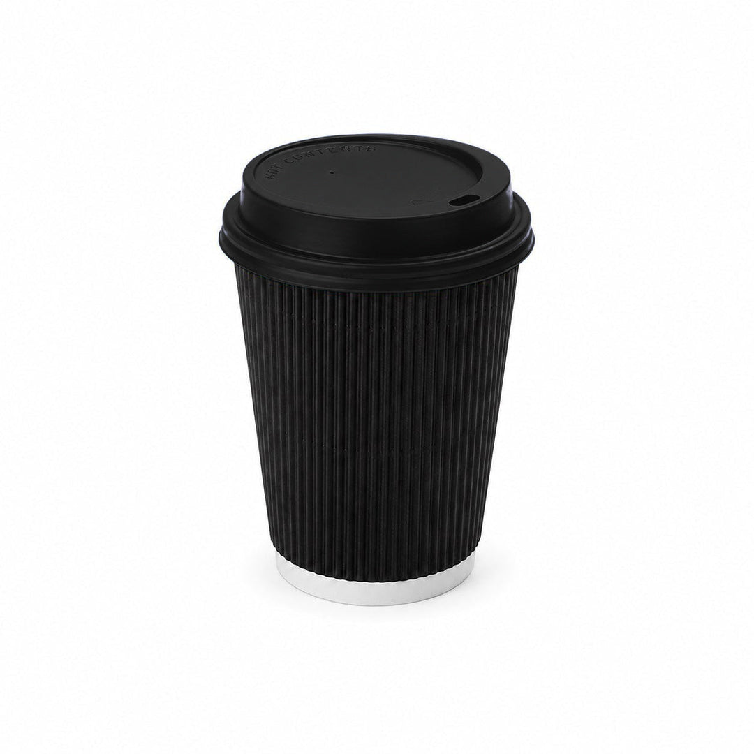 12oz - 90mm Diameter Black Ripple Wall Hot Cup &amp; Black Sip Thru Lids (1 x 1,000)