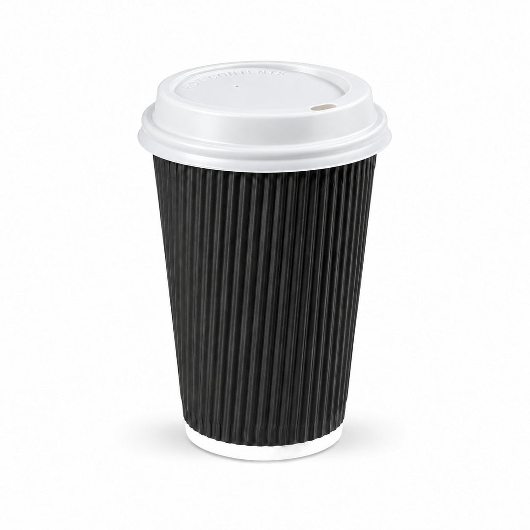 16oz - 90mm Diameter Black Ripple Wall Hot Cup &amp; White Sip Thru Lids (1 x 1,000)