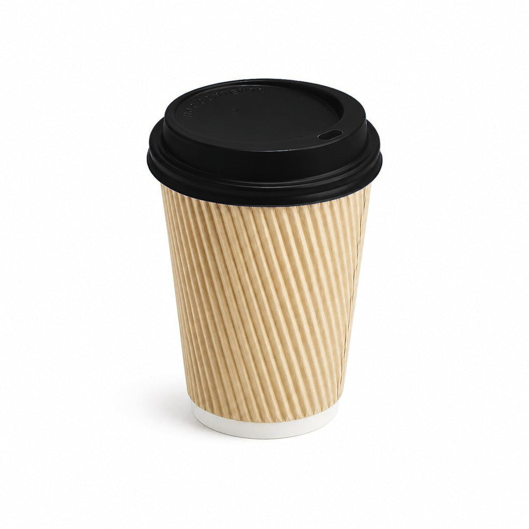 12oz - 90mm Diameter Kraft Ripple Wall Hot Cup &amp; Black Sip Thru Lids (1 x 1,000)