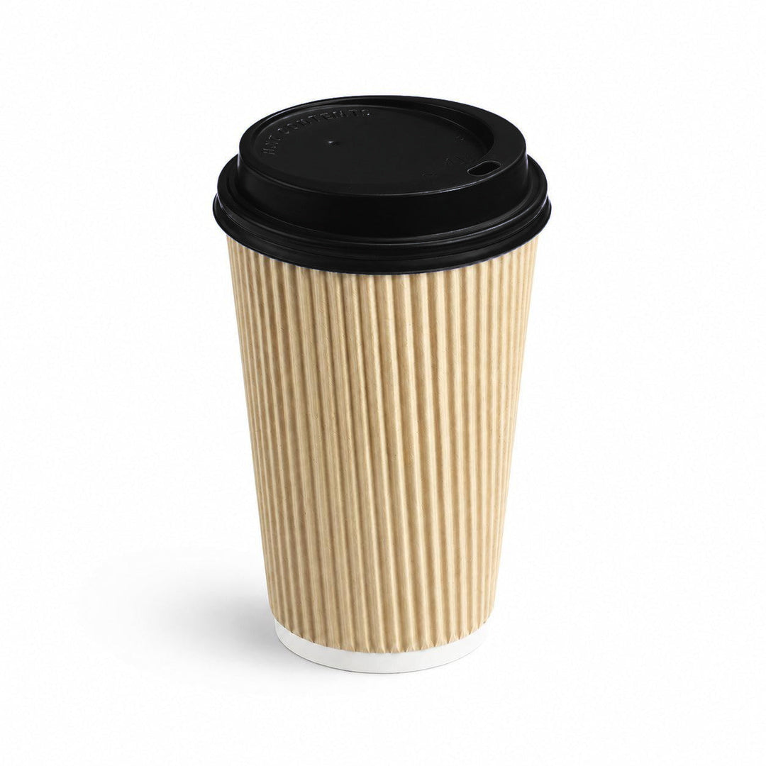 16oz - 90mm Diameter Kraft Ripple Wall Hot Cup &amp; Black Sip Thru Lids (1 x 1,000)