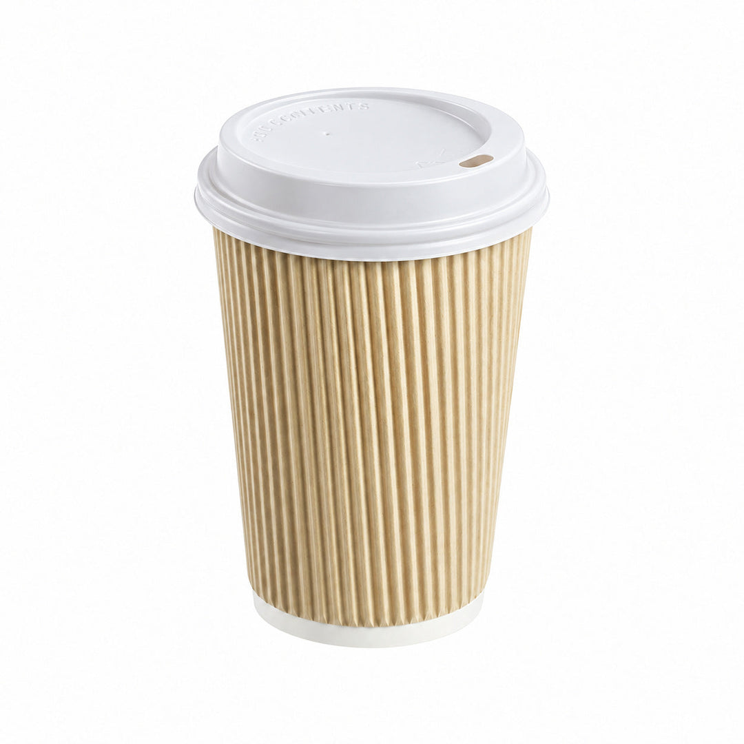 16oz - 90mm Diameter Kraft Ripple Wall Hot Cup &amp; White Sip Thru Lids (1 x 1,000)