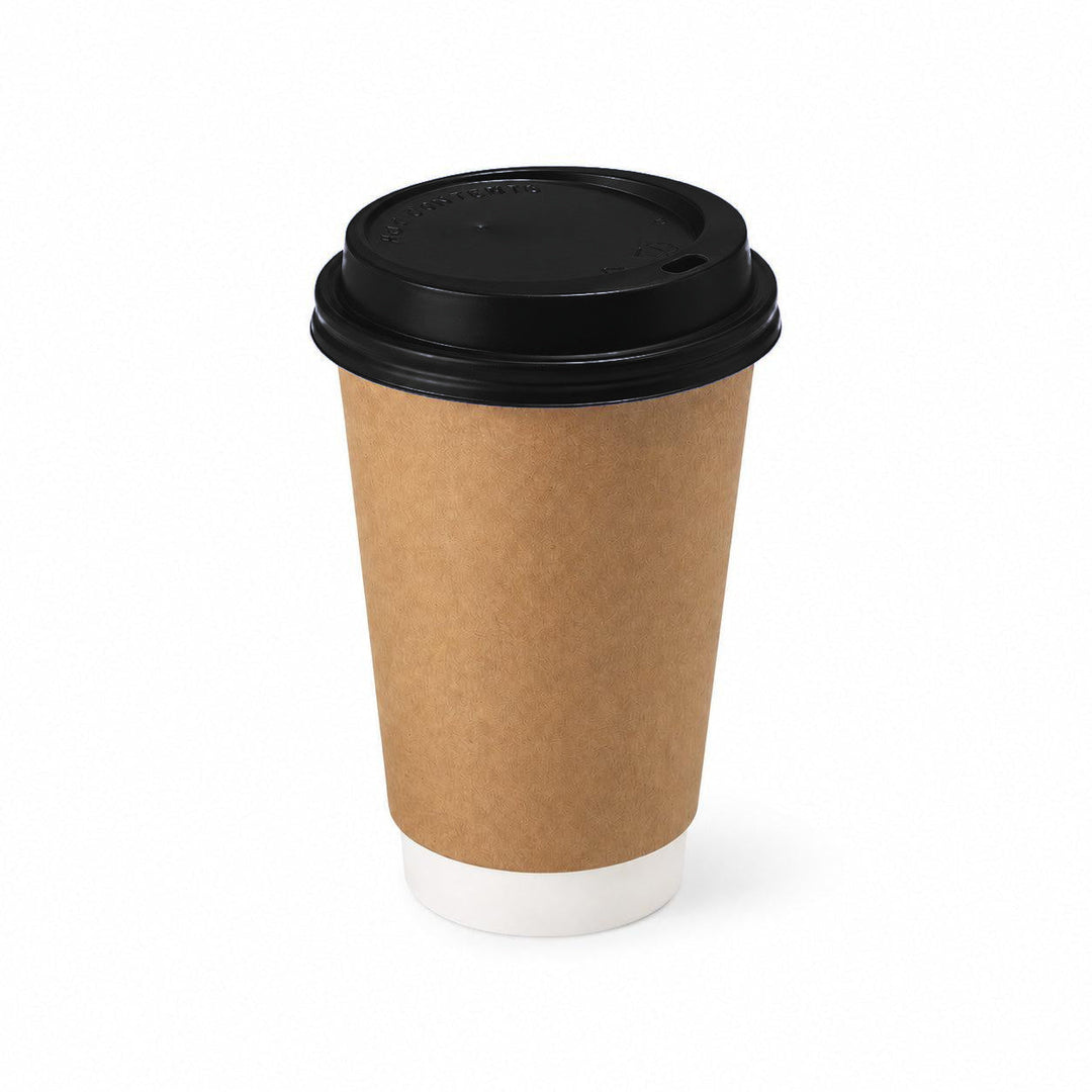 12oz - 90mm Diameter Brown Kraft Double Wall Hot Cup &amp; Black Sip Thru Lids (1 x 1,000)