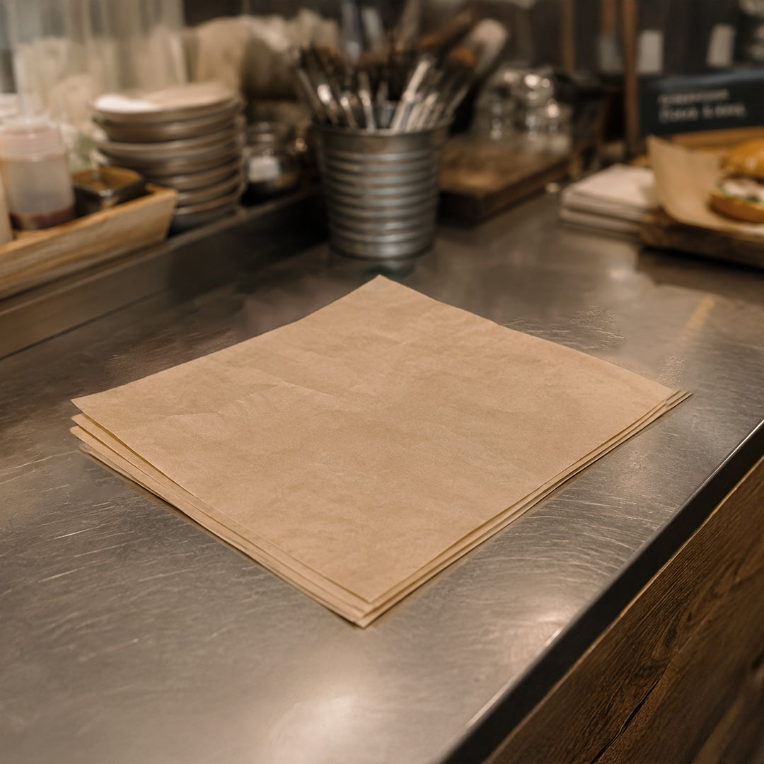 30 x 30 cm Brown Kraft Biodegradable Greaseproof Sheet (1 x 1,000)