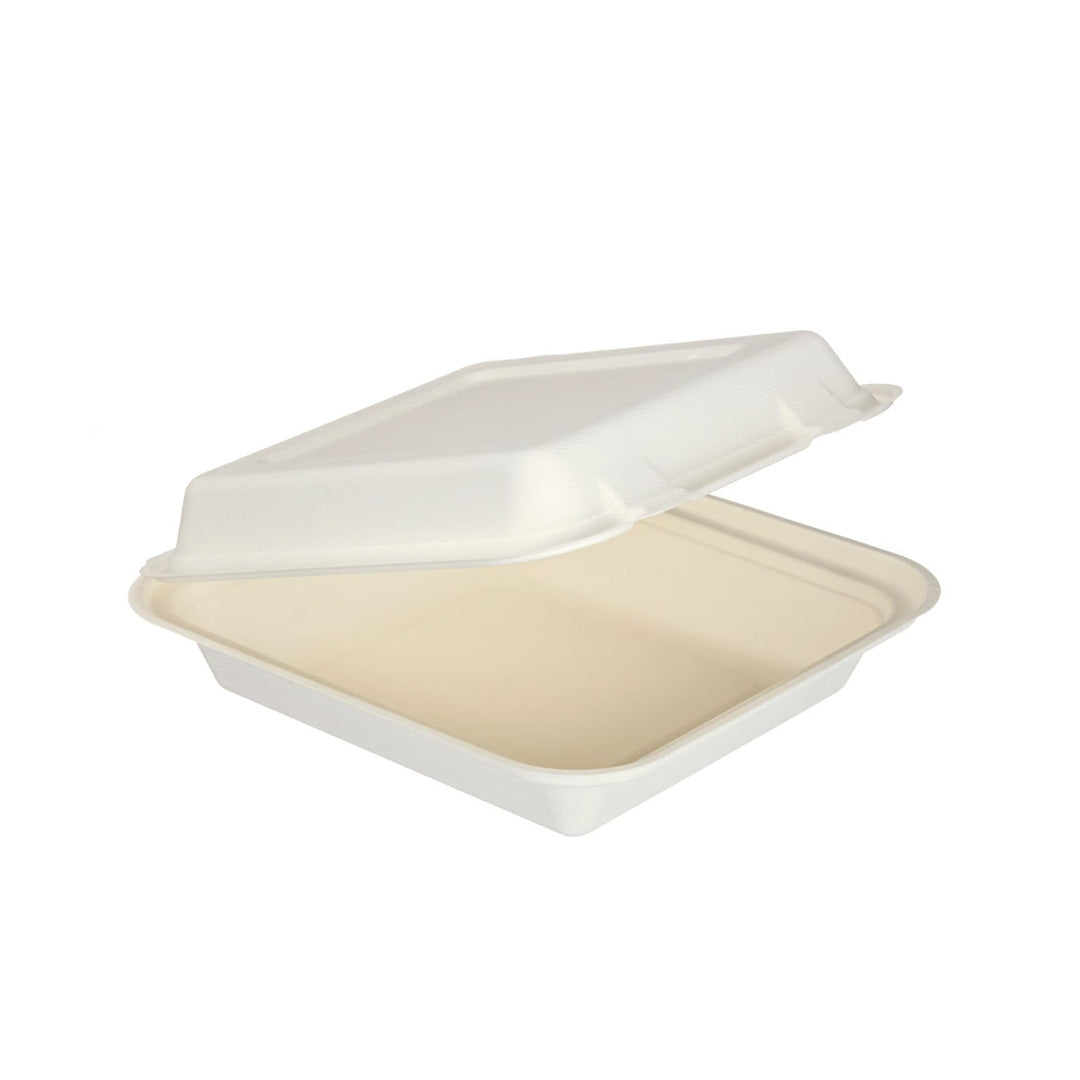 8 x 8 inch white bagasse clamshell food box – front view