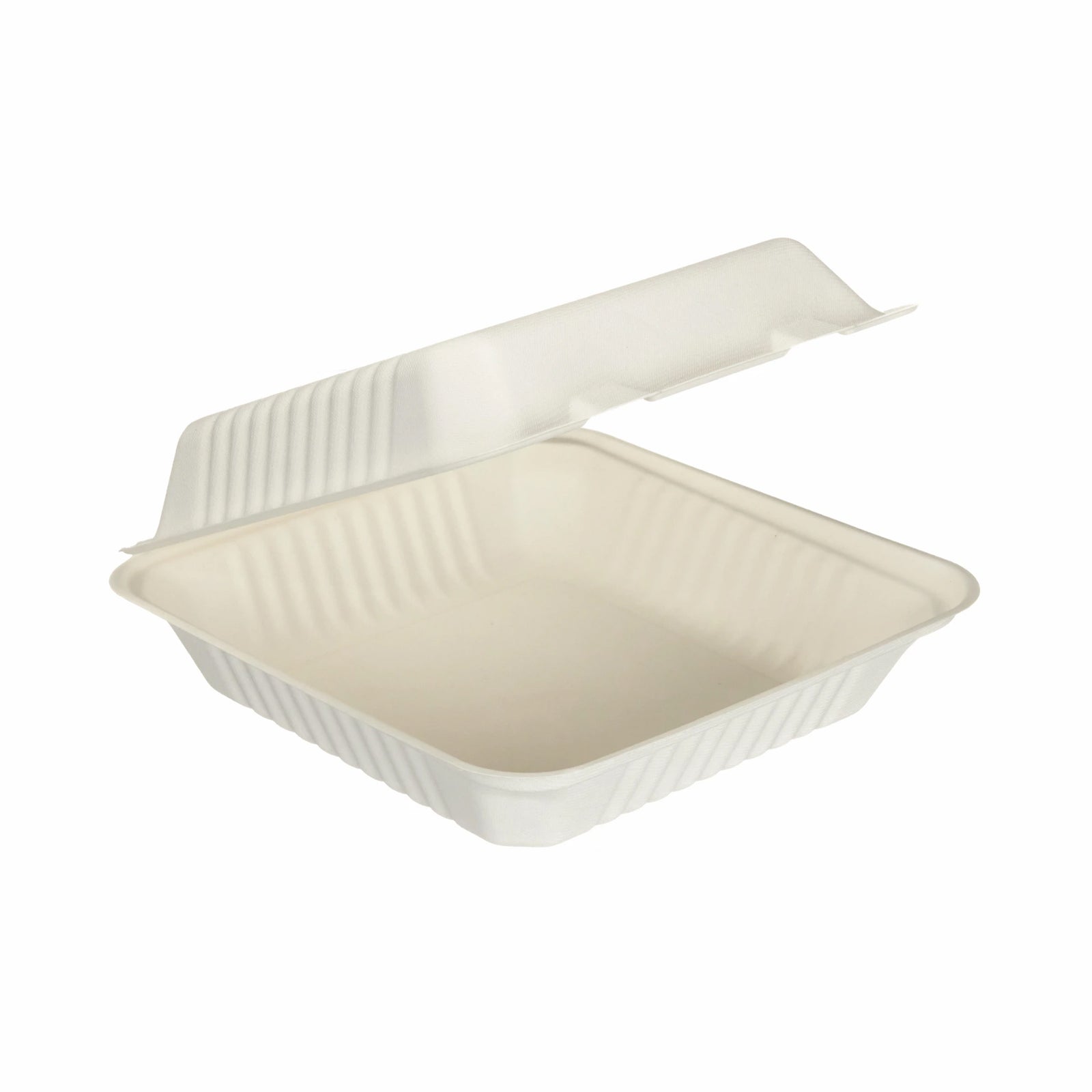 9 x 9 inch white bagasse clamshell food box – front view