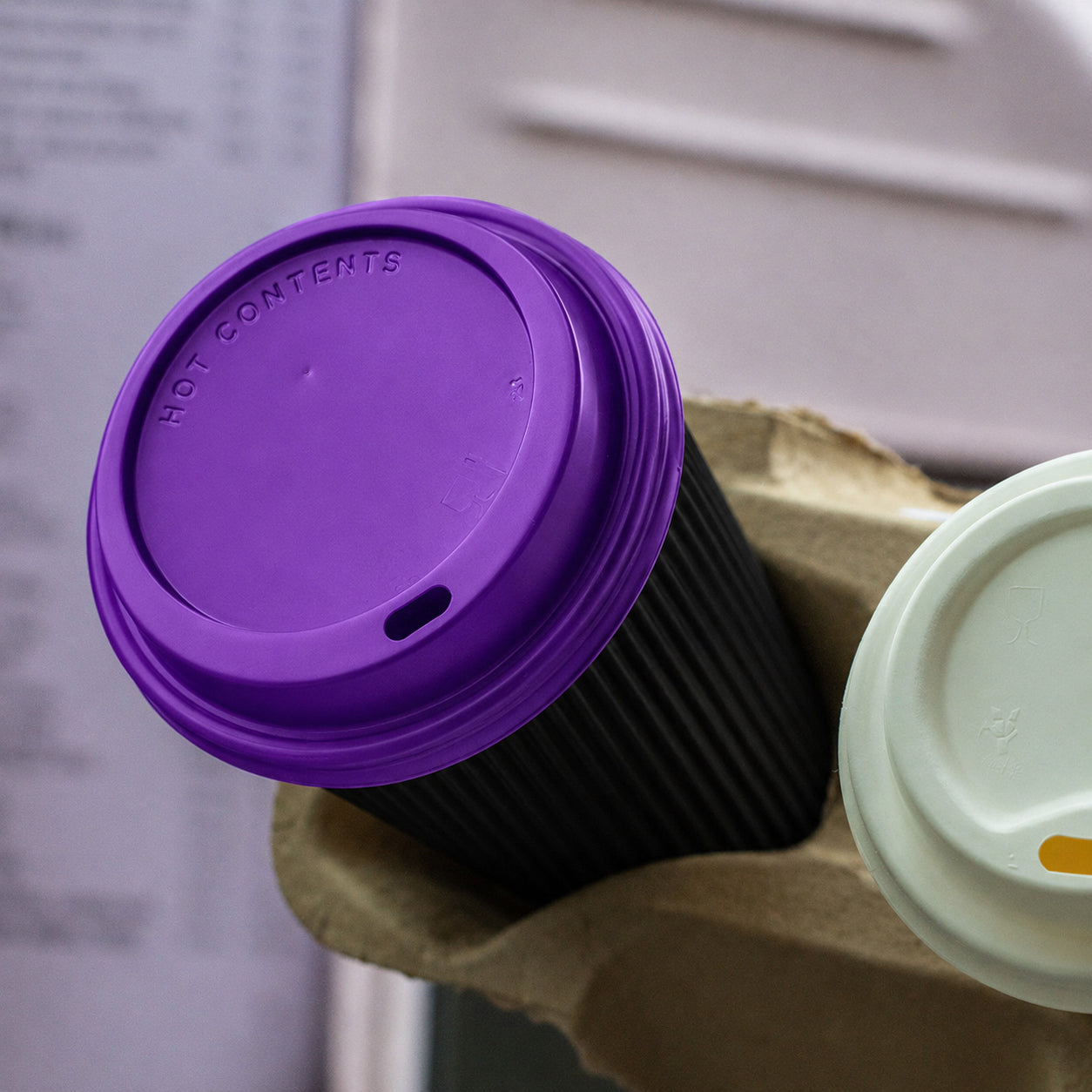 16oz - 90⌀ Brown Kraft Double Wall Hot Cup & Purple Cup Lids (1 x 1,000)