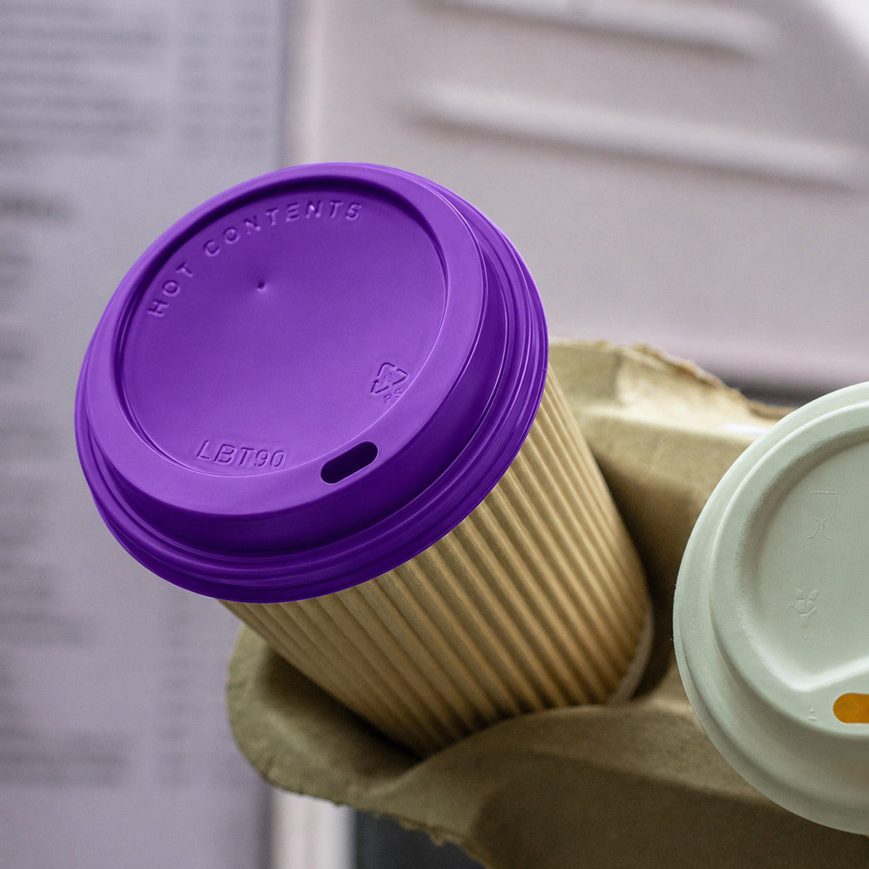 16oz - 90⌀ Brown Kraft Double Wall Hot Cup & Purple Cup Lids (1 x 1,000)