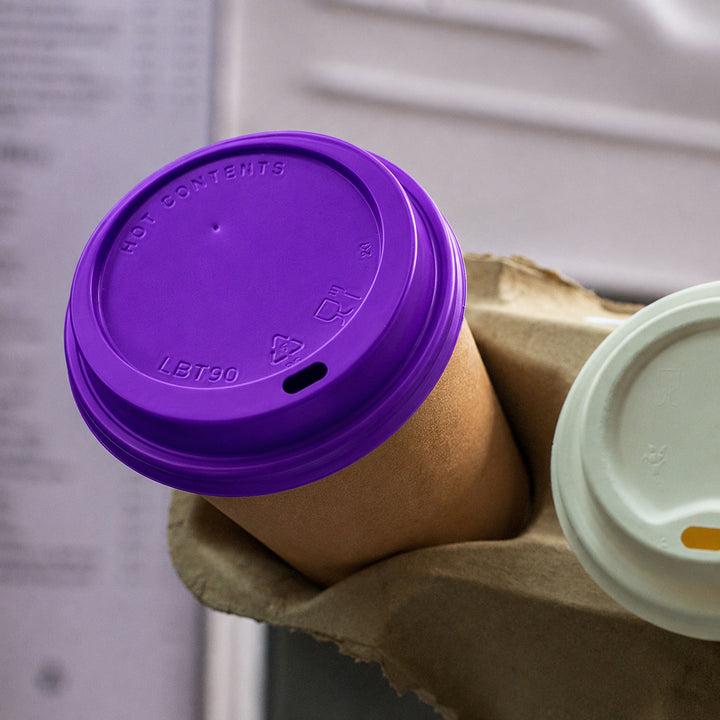 16oz - 90⌀ Brown Kraft Double Wall Hot Cup &amp; Purple Cup Lids (1 x 1,000)