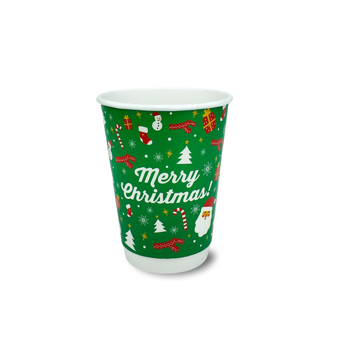 Packaging Wise 12oz Christmas double wall hot cup — festive insulated paper cup ideal for serving seasonal drinks with style and warmth.
