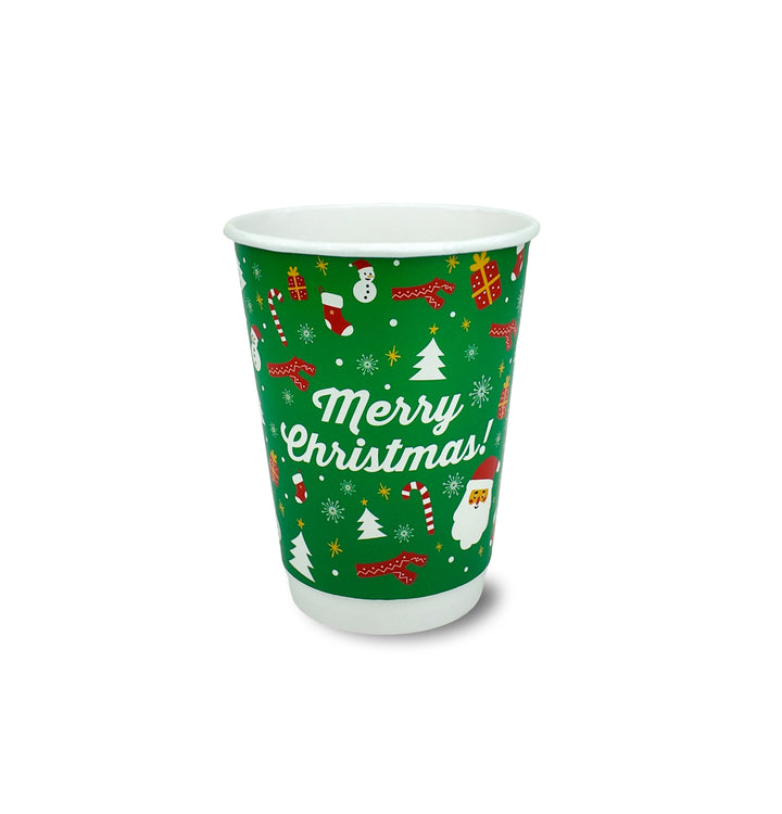 Packaging Wise 12oz Christmas double wall hot cup — festive insulated paper cup ideal for serving seasonal drinks with style and warmth.
