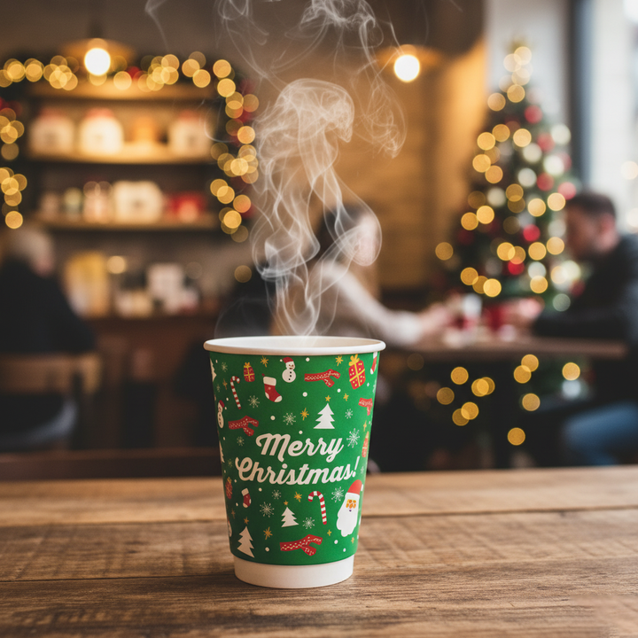 Packaging Wise 12oz Christmas double wall hot cup — festive insulated holiday cup for warm seasonal drinks, perfect for cafés and winter takeaway service.