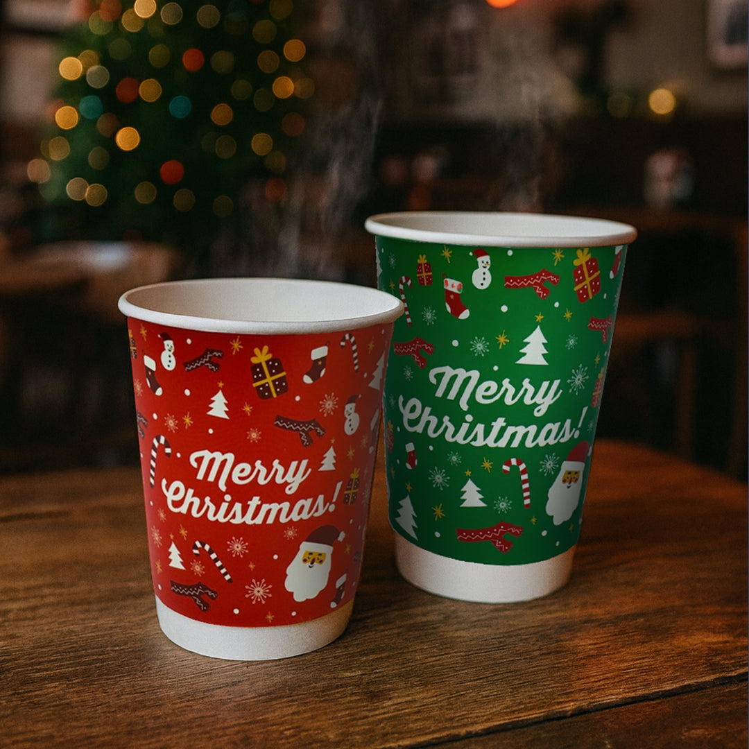 Packaging Wise 12oz Christmas double wall hot cup — colourful Christmas cup design that enhances hot drink presentation, ideal for boosting seasonal beverage sales.
