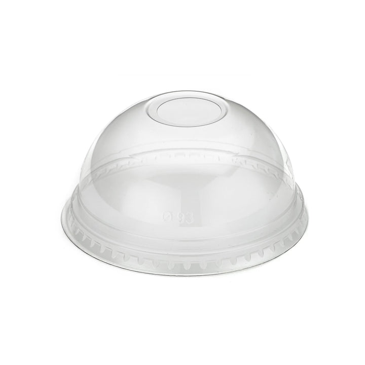 Packaging Wise 12 oz RPET dome cup lid — clear, recyclable lid ideal for smoothies, iced drinks, and dessert cups, offering a secure fit and attractive presentation.
