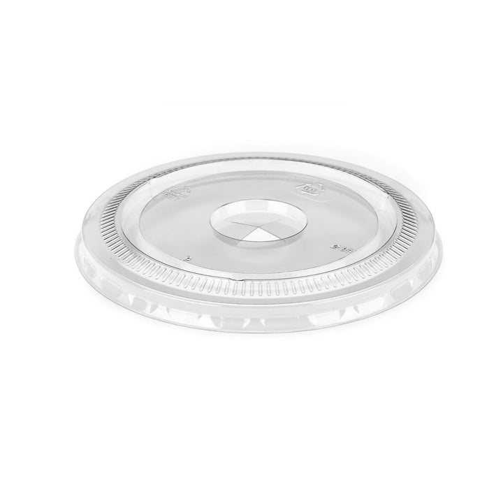 Packaging Wise 12 oz RPET flat cup lid — clear, durable, and recyclable lid perfect for securely sealing cold beverage cups, ideal for takeaway use.
