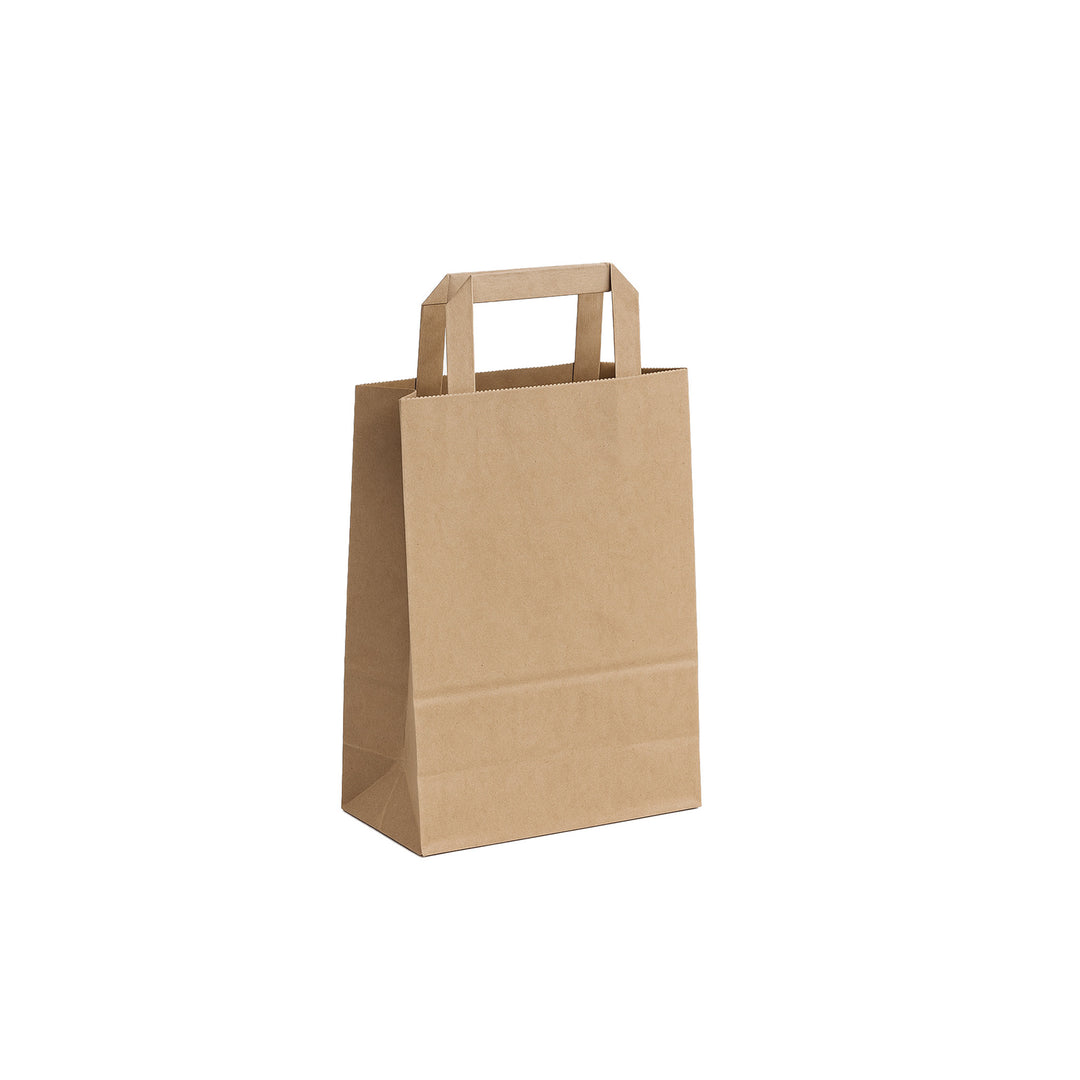 Packaging Wise 180×80×240 mm brown paper bag — compact and eco-friendly bag with flat handles for retail or takeaway.