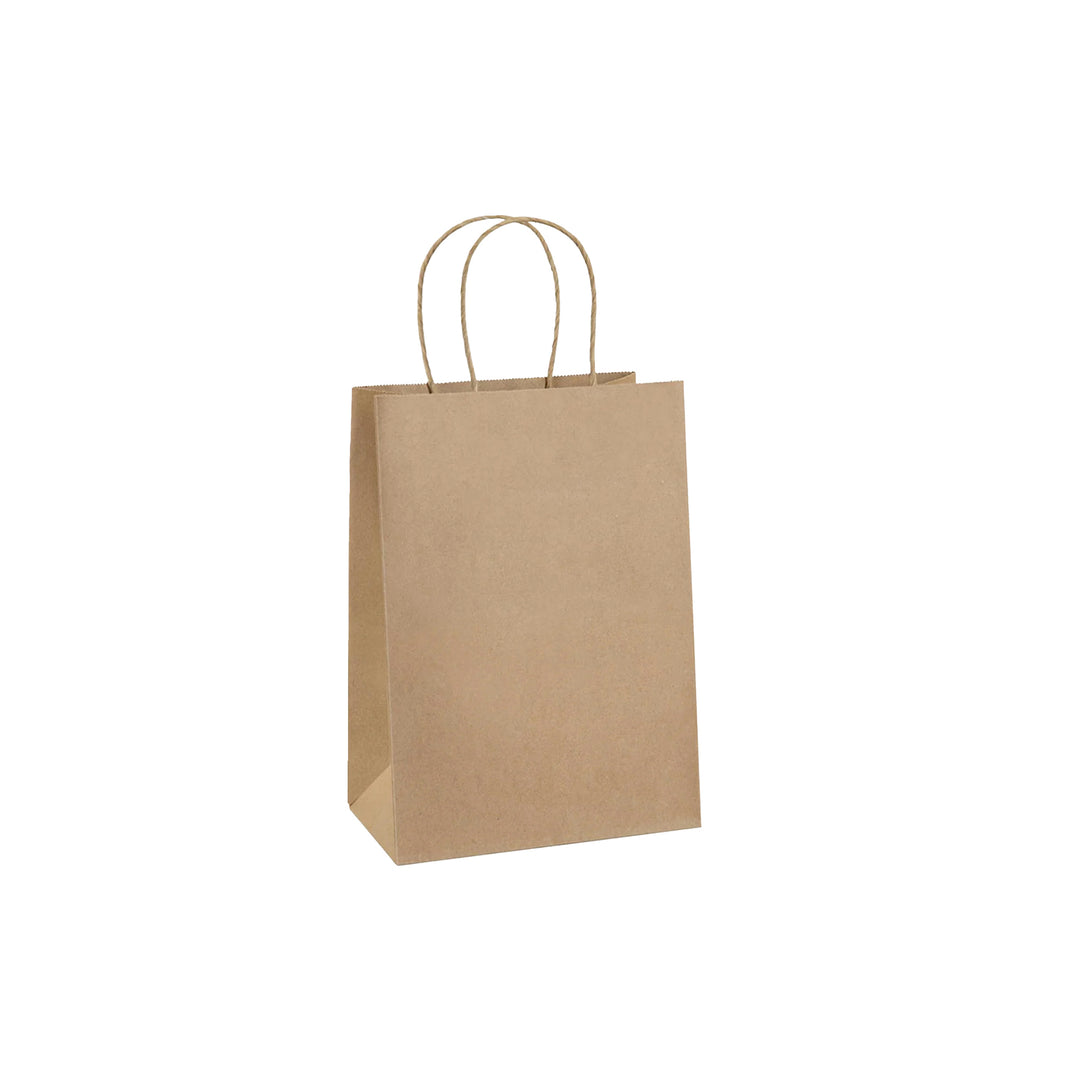 Packaging Wise 180×80×240 mm brown paper bag — compact twisted-handle design ideal for takeaway and boutique retail use.