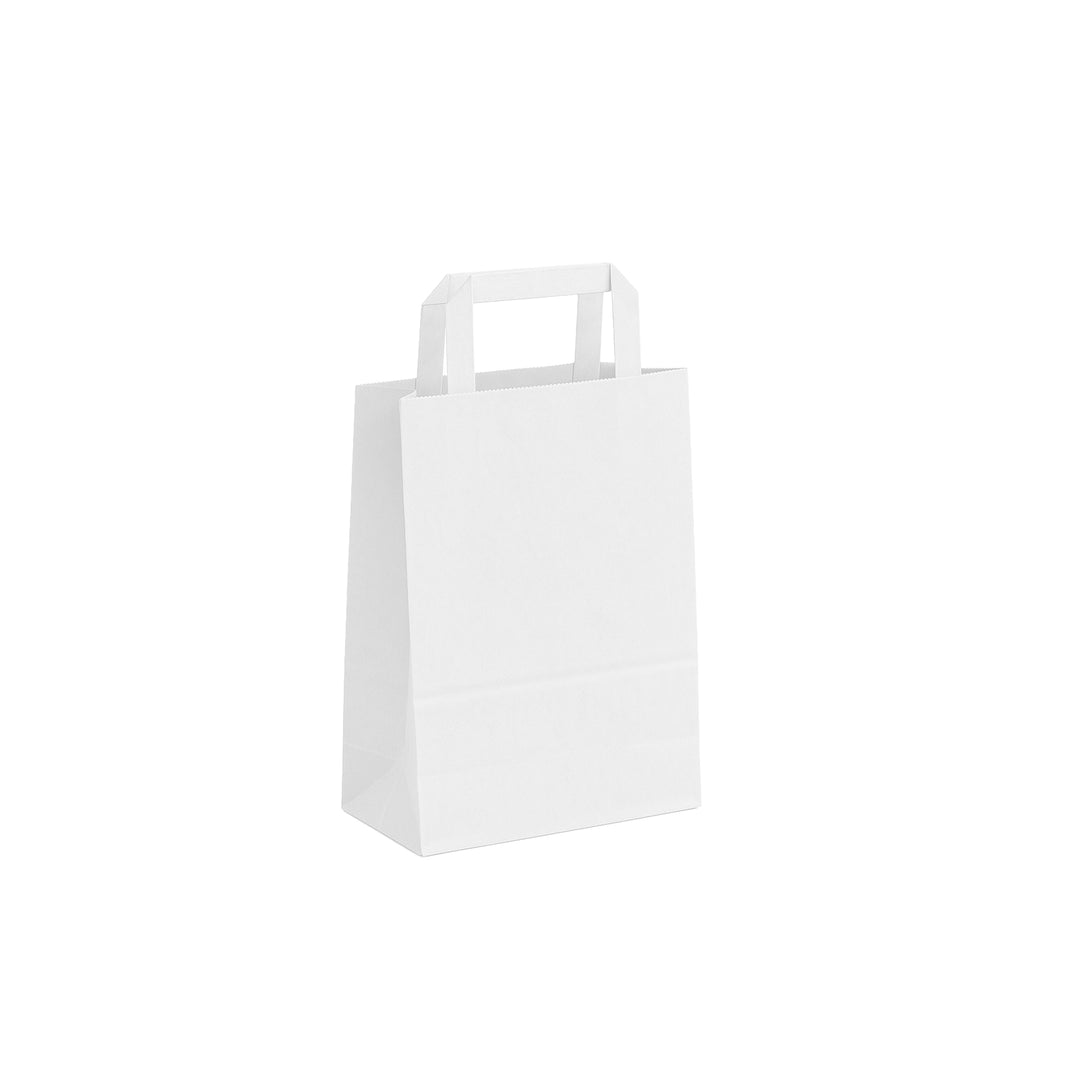 Packaging Wise 180×80×240 mm white paper bag — compact flat handle design ideal for gift shops, pharmacies, and small retail items.