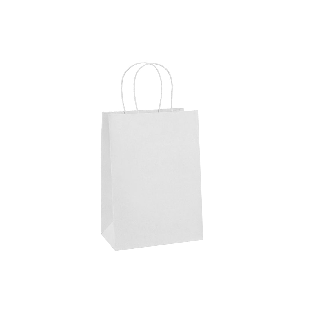 Packaging Wise 180×80×240 mm white paper bag — elegant twisted handle design ideal for lightweight retail packaging.