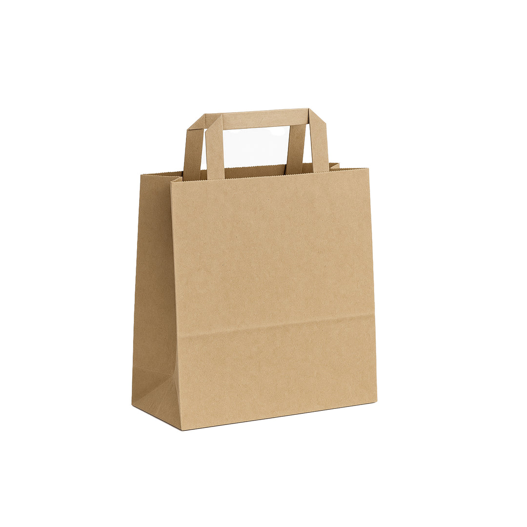 Packaging Wise 220×100×250 mm brown paper bag — reliable and sustainable packaging choice with flat handles for cafés and bakeries.