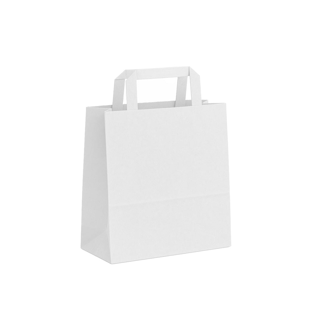 Packaging Wise 220×100×250 mm white paper bag — sturdy flat handle bag perfect for boutiques, takeaway, and bakery packaging.