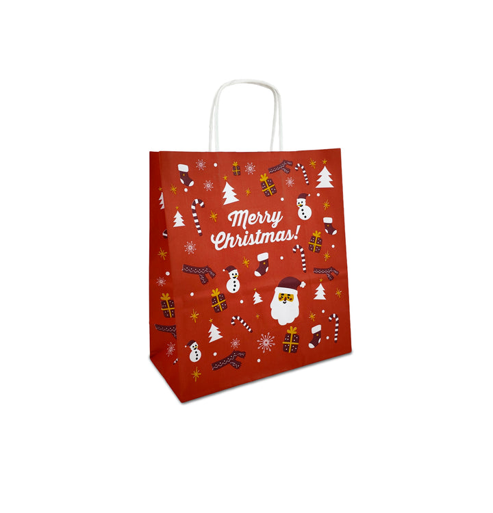 Packaging Wise 22×10×26 cm Christmas paper bag with twisted handles — festive red design perfect for holiday gifting, retail packaging, or seasonal takeaways.