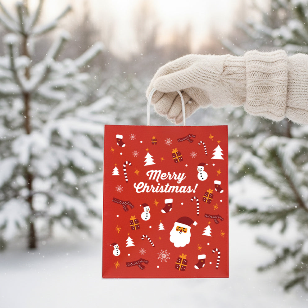 Packaging Wise 22×10×26 cm Christmas paper bag with twisted handles — festive red gift bag ideal for seasonal retail packaging and holiday takeaway items.