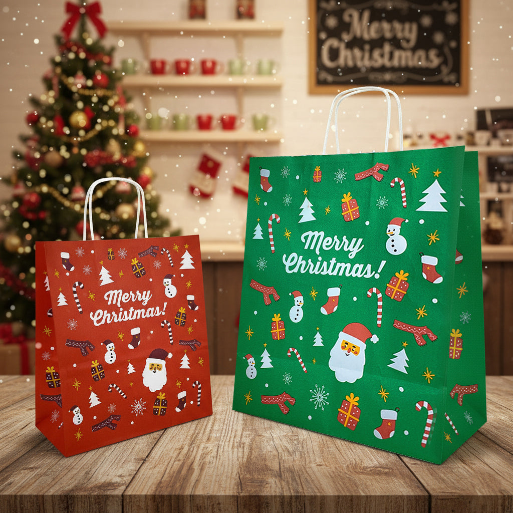 Packaging Wise 22×10×26 cm Christmas paper bag with twisted handles — colourful Christmas design for winter gifting, perfect for stores, cafés and festive merchandising displays.