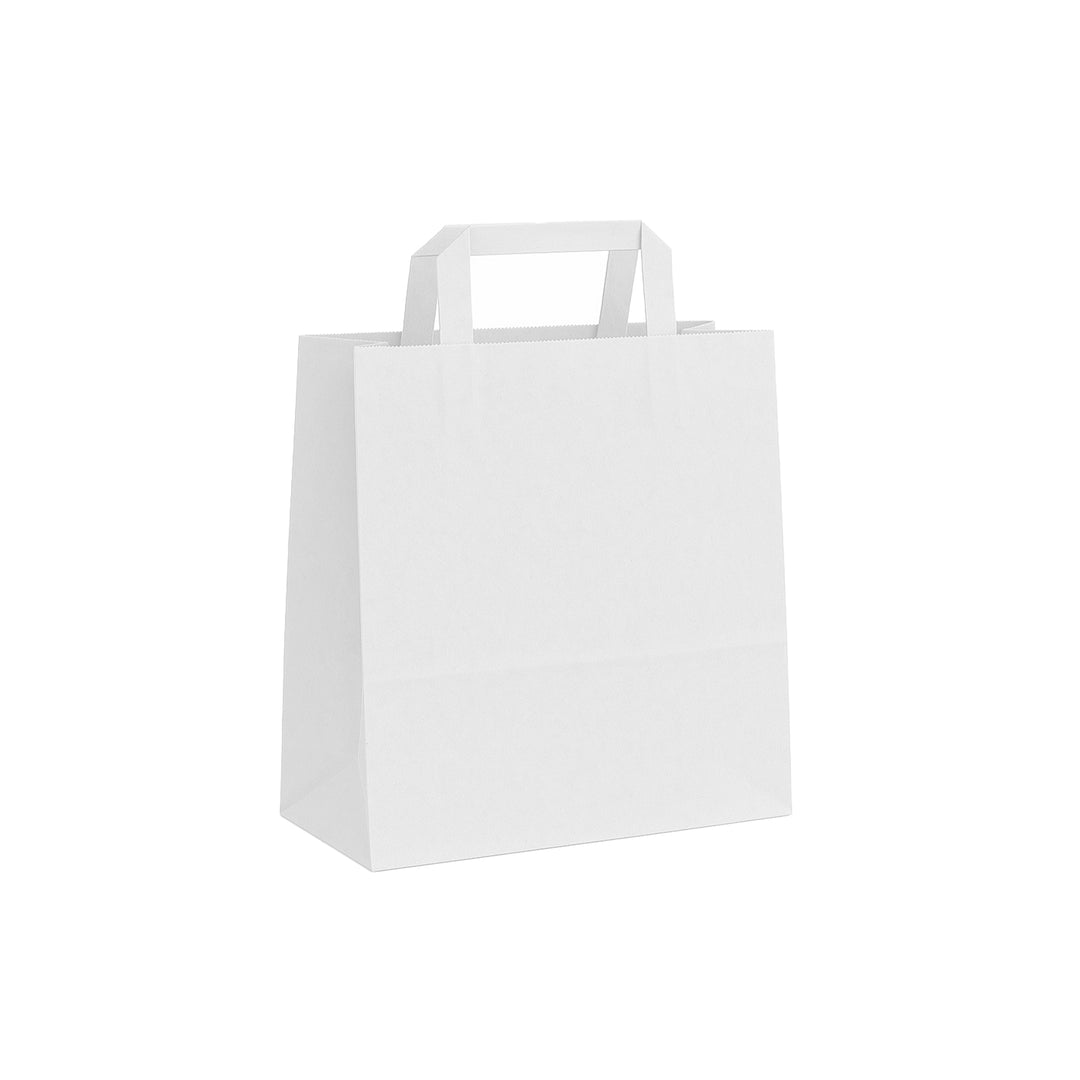 Packaging Wise 250×140×300 mm white paper bag — ideal flat handle packaging for gift shops, cafés, and eco-conscious retailers.