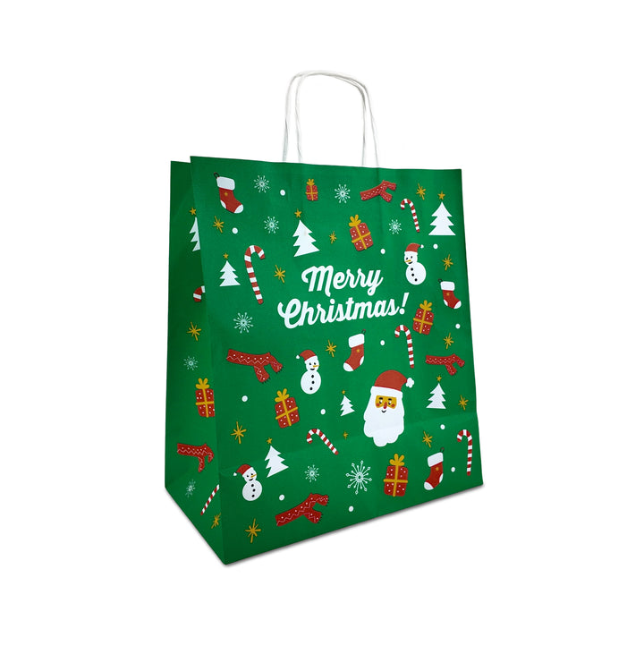Packaging Wise 25×14×30 cm Christmas paper bag with twisted handles — festive, sturdy, and perfect for seasonal gifts and holiday takeaway packaging.
