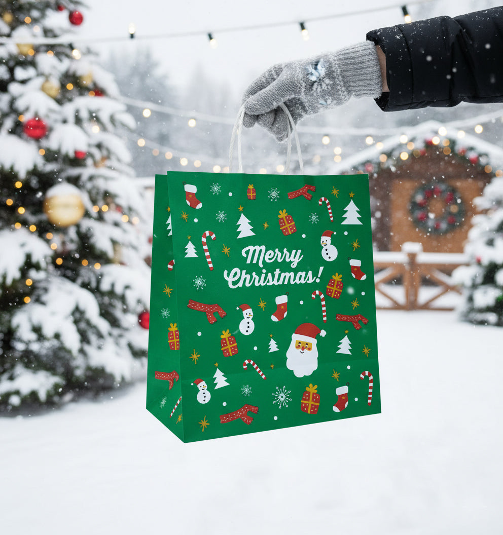Packaging Wise 25×14×30 cm Christmas paper bag with twisted handles — festive green gift bag ideal for winter retail packaging and seasonal takeaway orders.