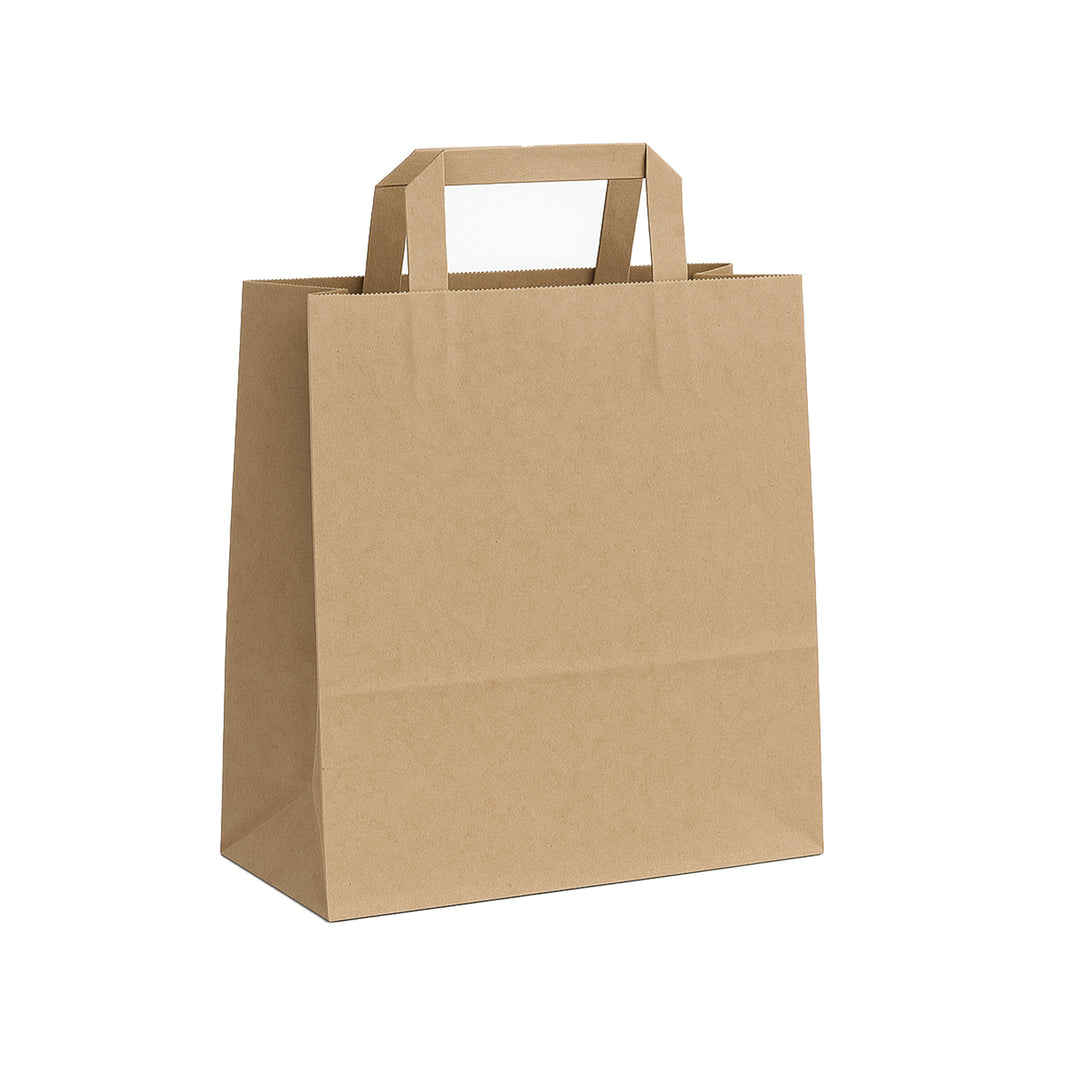 Packaging Wise 280×160×350 mm brown paper bag — sturdy flat handle bag perfect for groceries, takeaways, and retail packaging.
