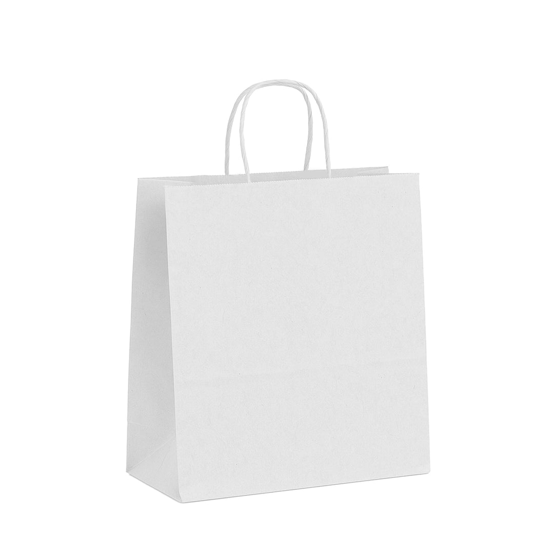 Packaging Wise 280×160×350 mm white paper bag — strong twisted handles for practical and elegant packaging.