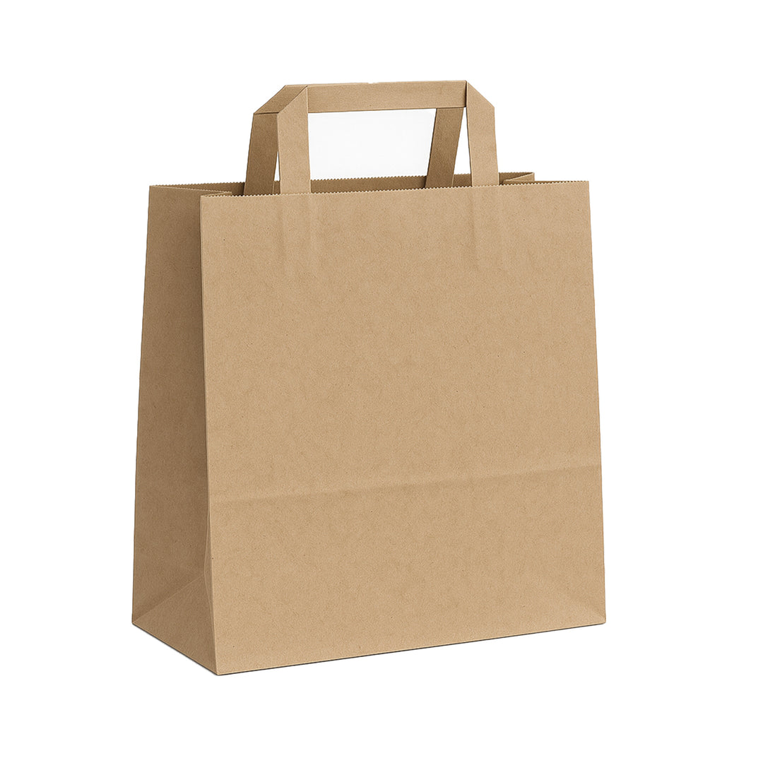 Packaging Wise 300×180×400 mm brown paper bag — extra-capacity flat handle bag ideal for grocery stores, deliveries, and takeaway packaging.