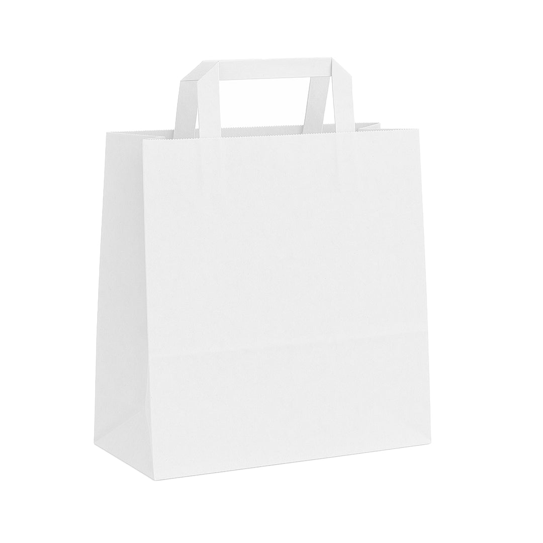 Packaging Wise 300×180×400 mm white paper bag — premium flat-handle bag for stylish and sustainable packaging in retail and delivery.