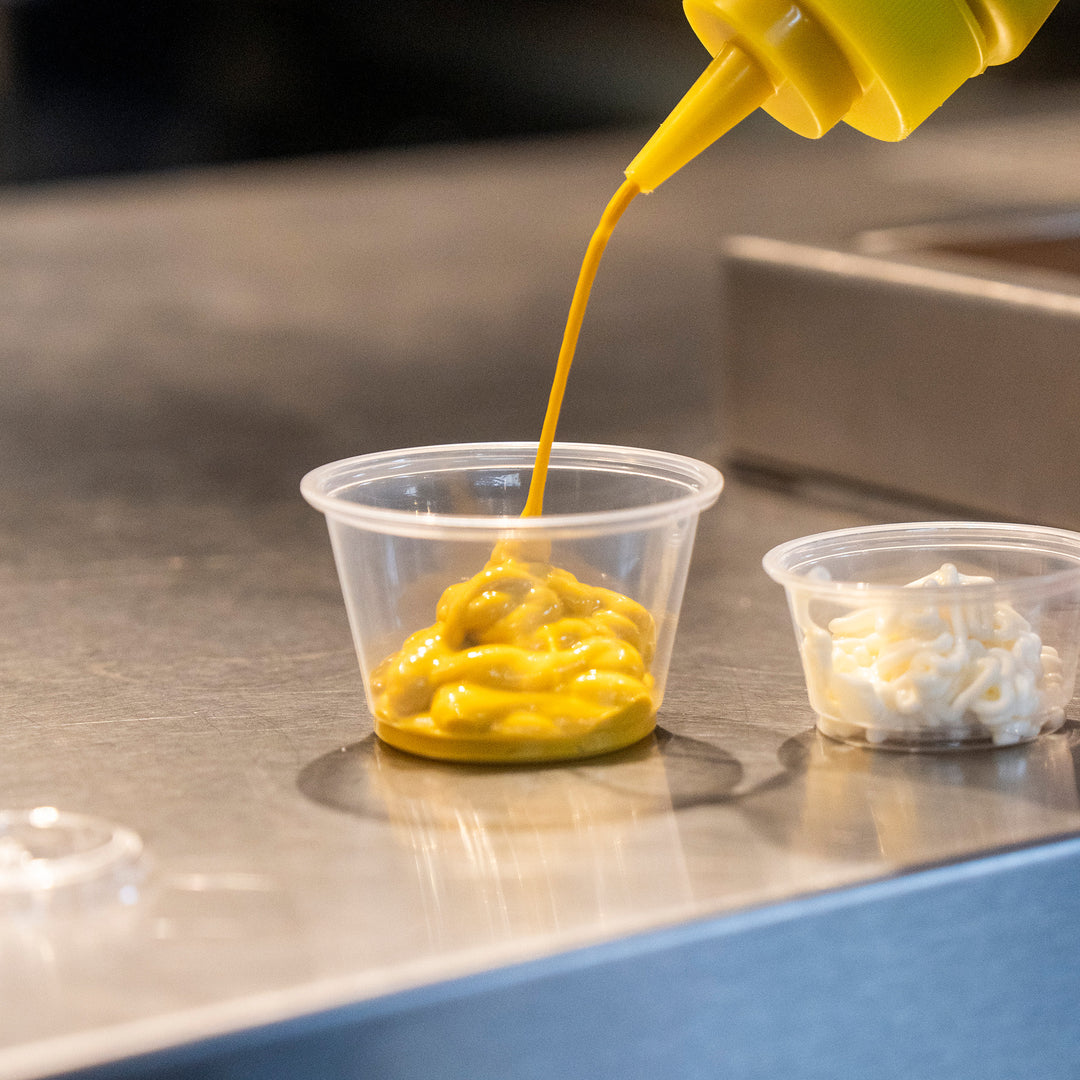 Packaging Wise 3oz clear PET sauce pot — ideal for mayo, ketchup & mustard portions for cafés & takeaways.