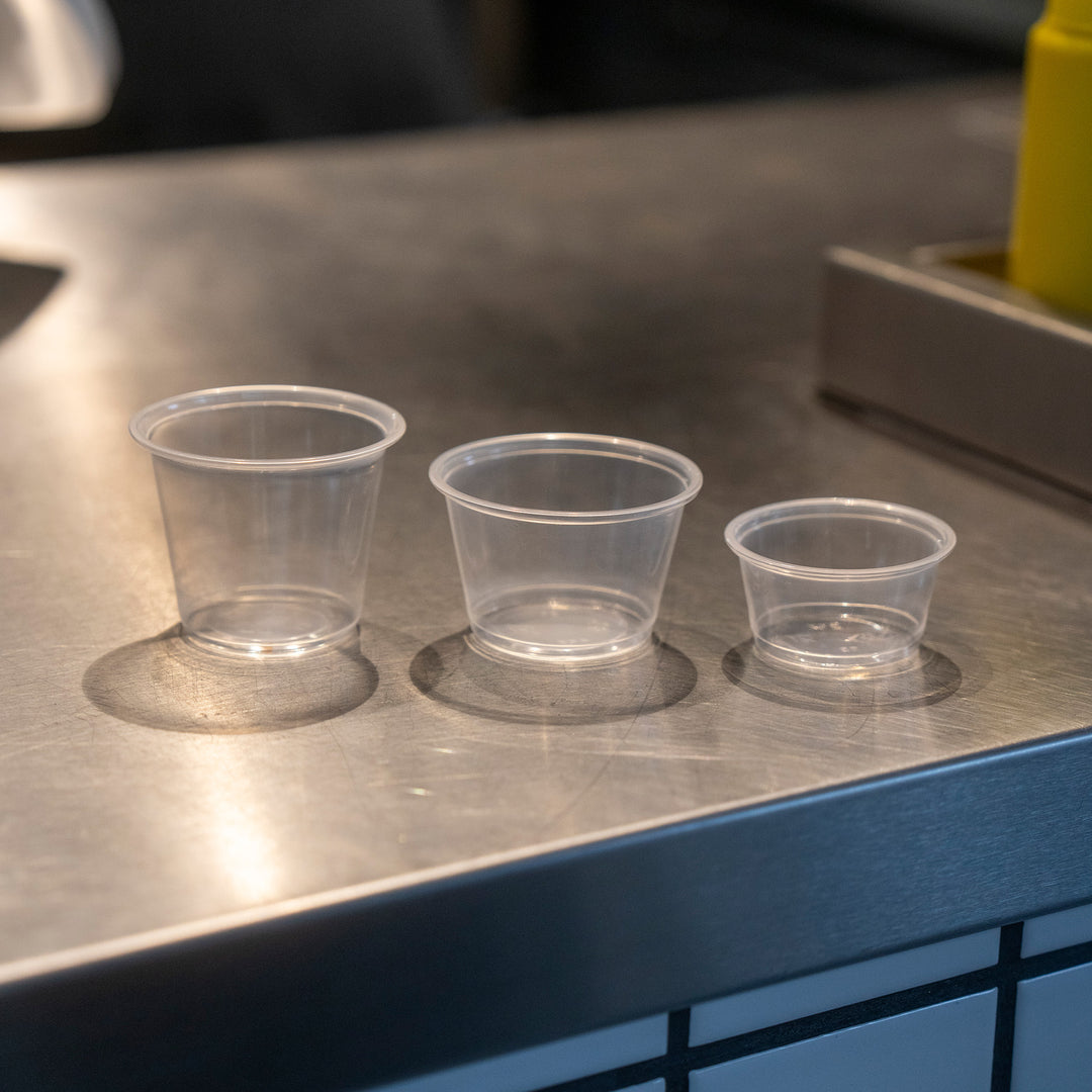Packaging Wise 3oz PET sauce pot — durable transparent plastic for condiments.