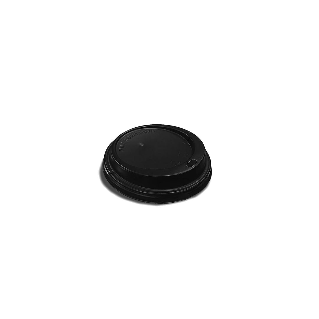 Packaging Wise 7 oz black coffee cup lid made from splash-resistant polypropylene — perfect fit for takeaway cups, ensuring a secure and mess-free sip.
